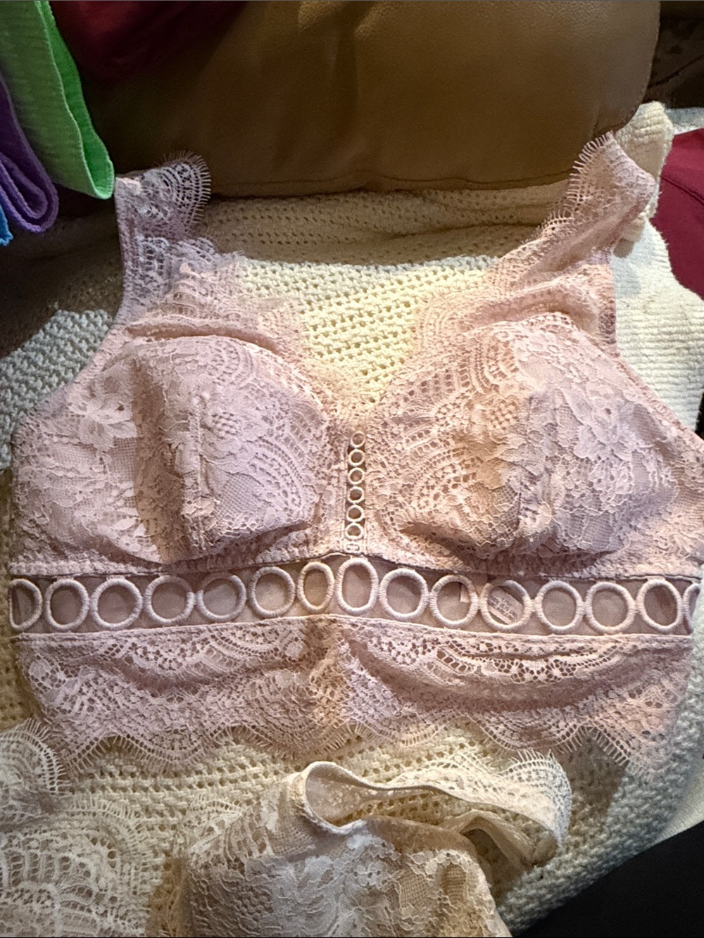 Victoria's Secret Dream Angels Off White/Pink Lace Bralette Ring-Detail Set of 2